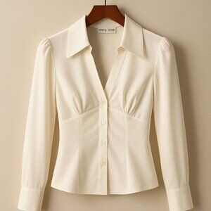 Trina Turk Ivory Long Sleeve Fitted Bodice Collared V-Neck Button-Up Shirt Sz M